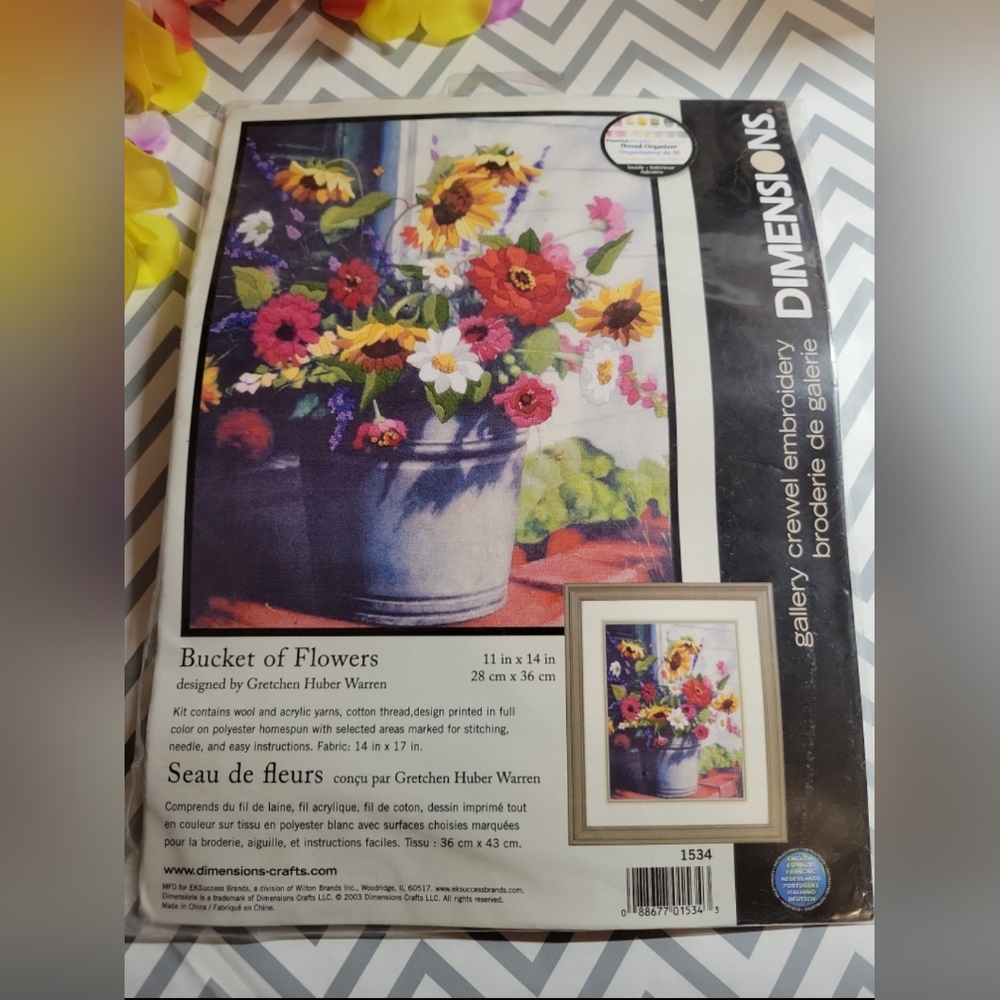 Vintage Bucket of Flowers Crewel Embroidery Kit - Colorful Floral Bouquet